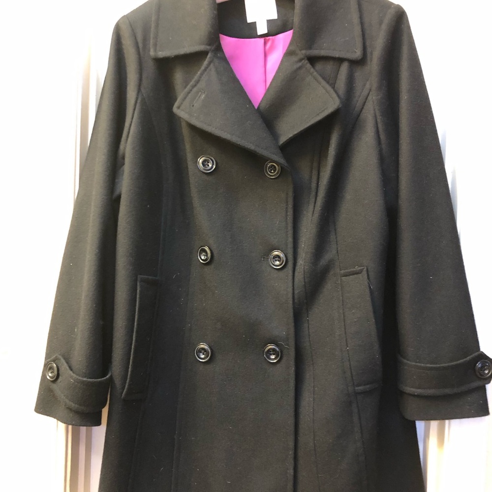 Croft & Barrow Elegant Black Pea Coat with Bright Pink Interior